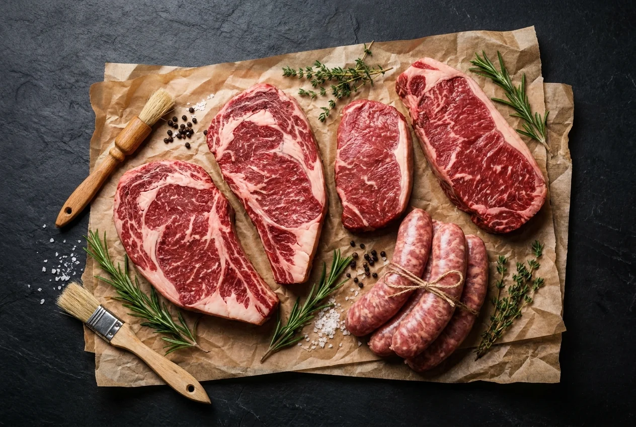 Premium-Sortiment: marmorierte Steaks und frische Bratwürste auf Metzgerpapier